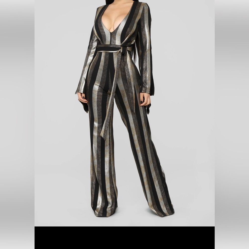 Jumpsuit , black and gold stripes , flare sleeve and flare bottoms